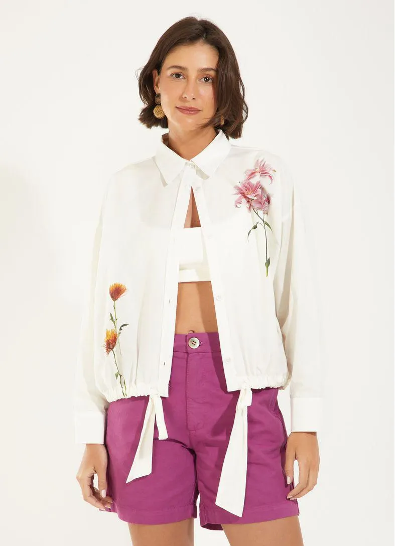Camisa algodão floral fotográfico branco
