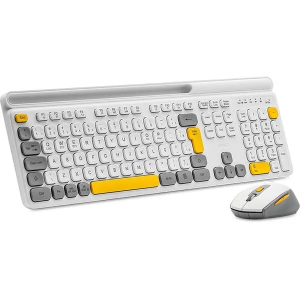 Kit Teclado e Mouse sem Fio, Wireless e Bluetooth, Padrão ABNT2, Branco, Cinza e Amarelo, KMWB258TC, Ergo - CX 1 UN