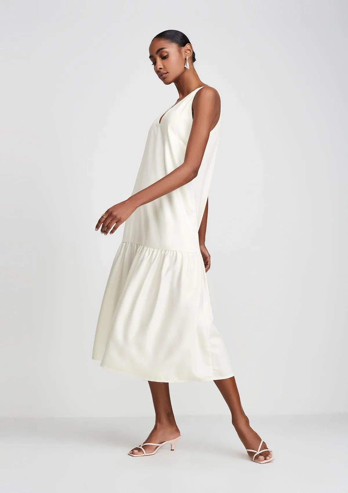 Vestido Midi Decote V Em Viscose Acetinada - Off White