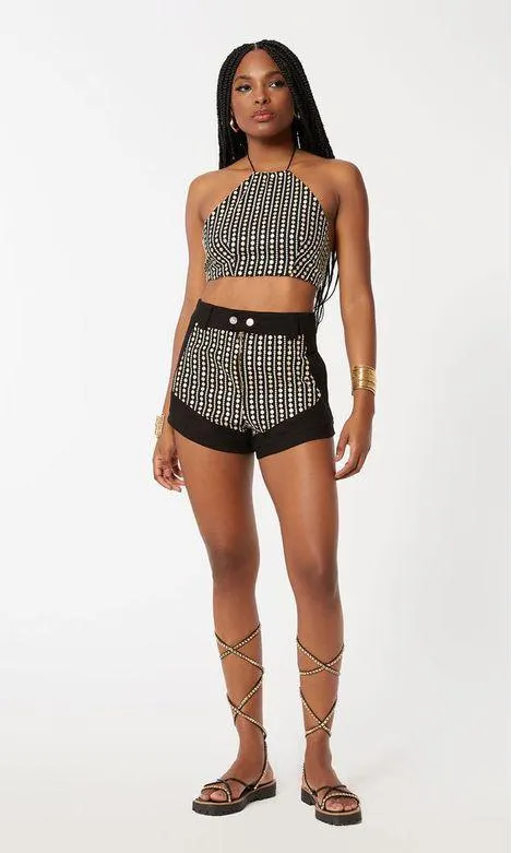 Short Linho Bordado Paetê Dourado - Preto