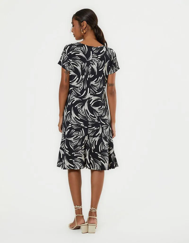 Vestido Curto Estampado Folhagem - Preto