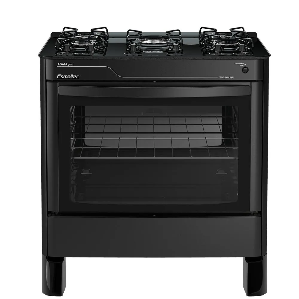 Fogão de Piso 5 Bocas Esmaltec Agata Glass, Acendimento Automático, Mesa de Vidro Temperado, Preto - 5090 Bivolt
