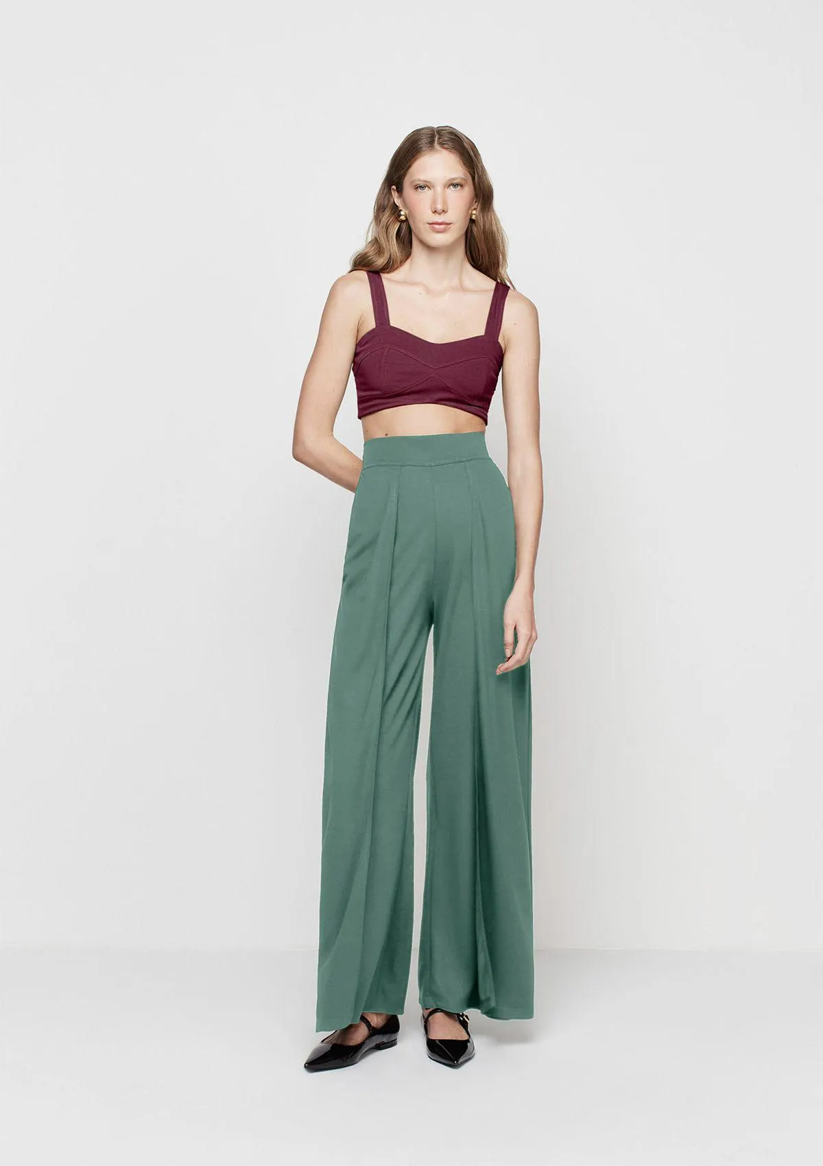 Calça Pantalona Com Cordel Em Viscose - Verde
