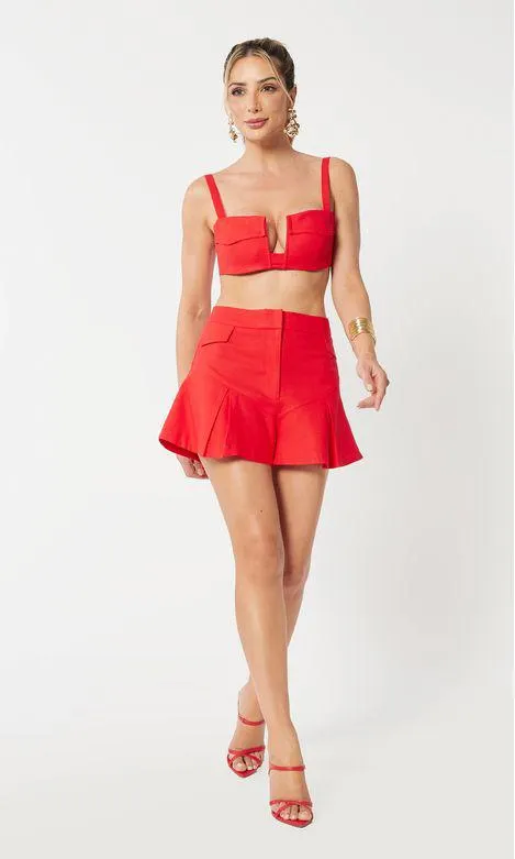 Short Saia Linho Pregas - Fogo