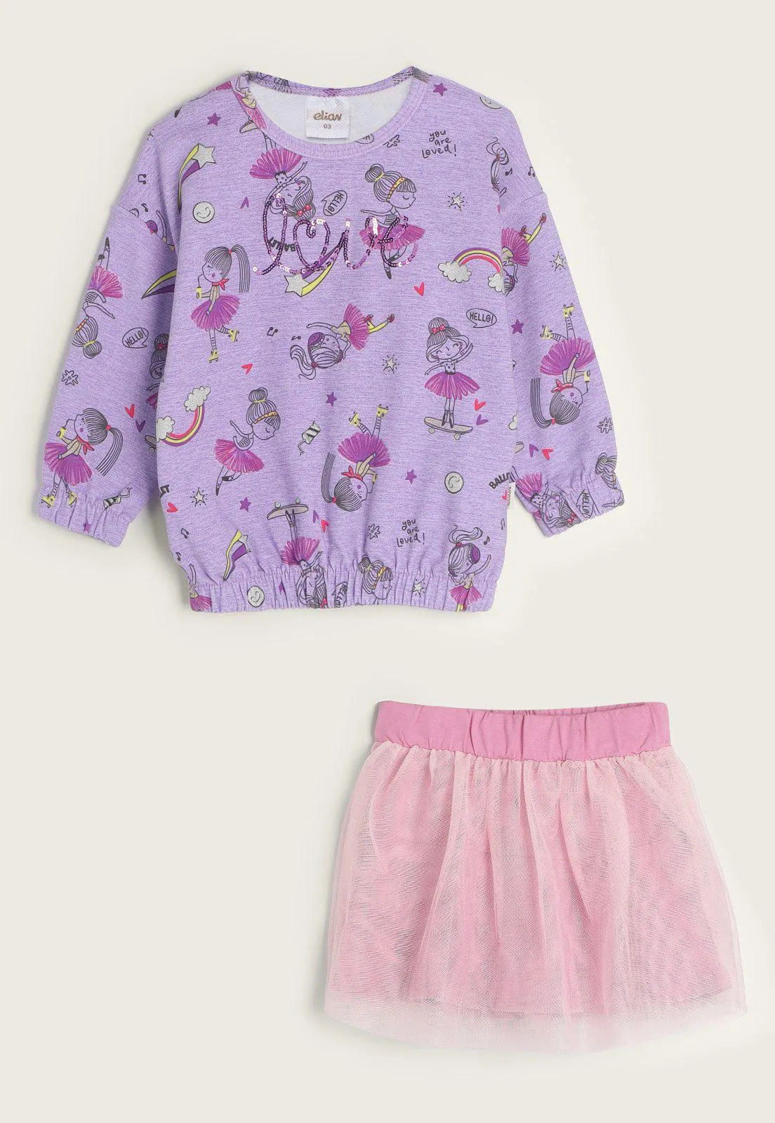 Conjunto Infantil 2pçs Manga Longa Elian Bailarina Lilás/Rosa