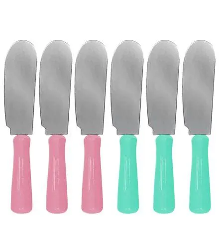 Jogo Mini Espátulas Inox com Cabo Plástico Verde e Rosa 6 Peças Útil Bazar 10cm UB4695