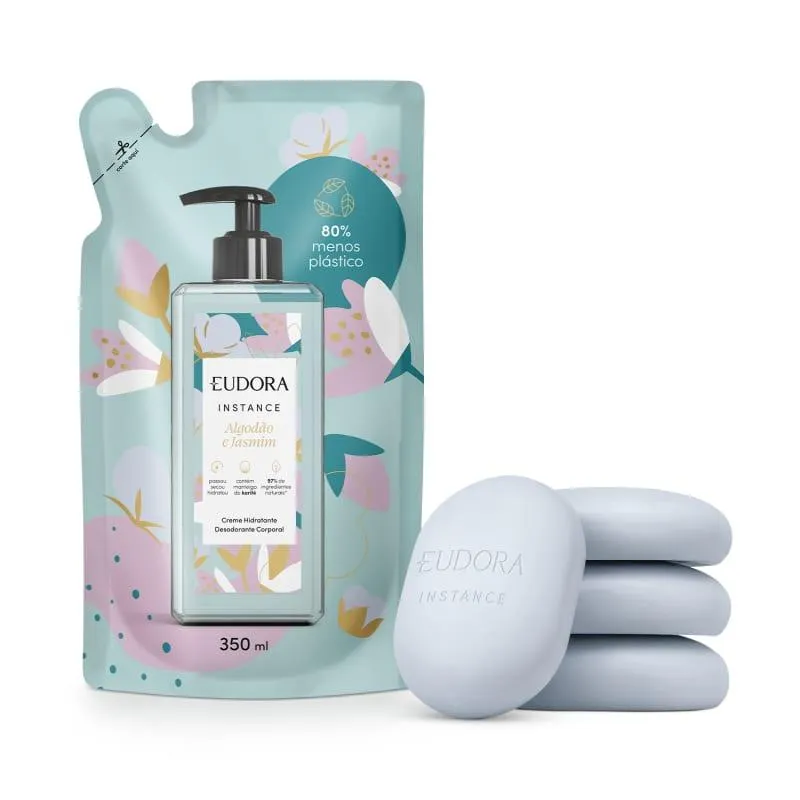 Combo Instance Algodão e Jasmim: Sabonete em Barra 4x80g + Refil Loção Corporal 350ml