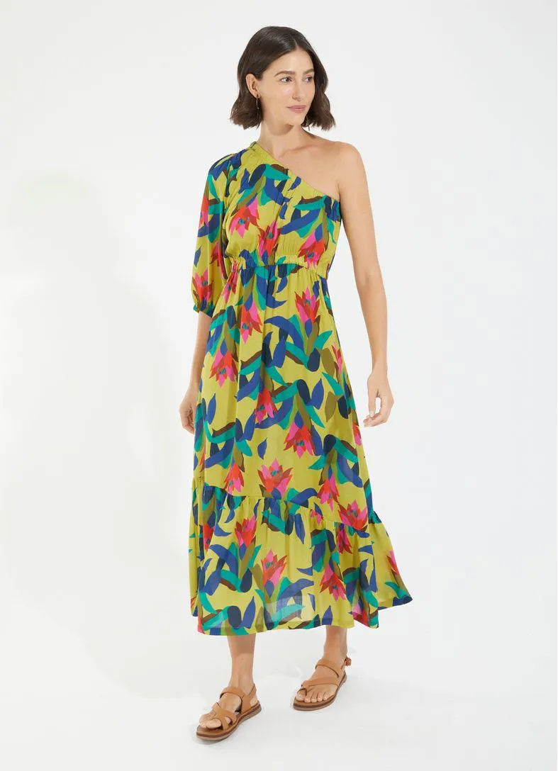 Vestido ombro estampado bromélias