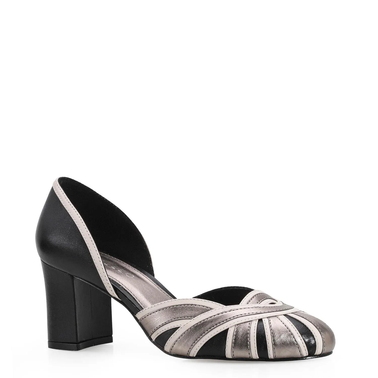 Scarpin Couro Preto/Prata/Off White