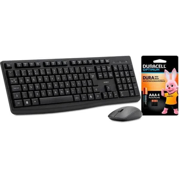 Teclado e Mouse sem Fio, Wireless, Padrão ABNT2, Preto, KMW271, Ergo + Pilha Alcalina Duracell Palito AAA, Optimum CX 1 UN