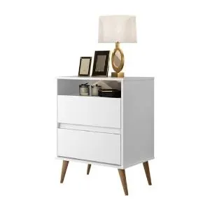 Mesa De Cabeceira Lótus Retrô 1 Nicho 2 Gavetas Pés Palito JA Branco Branco