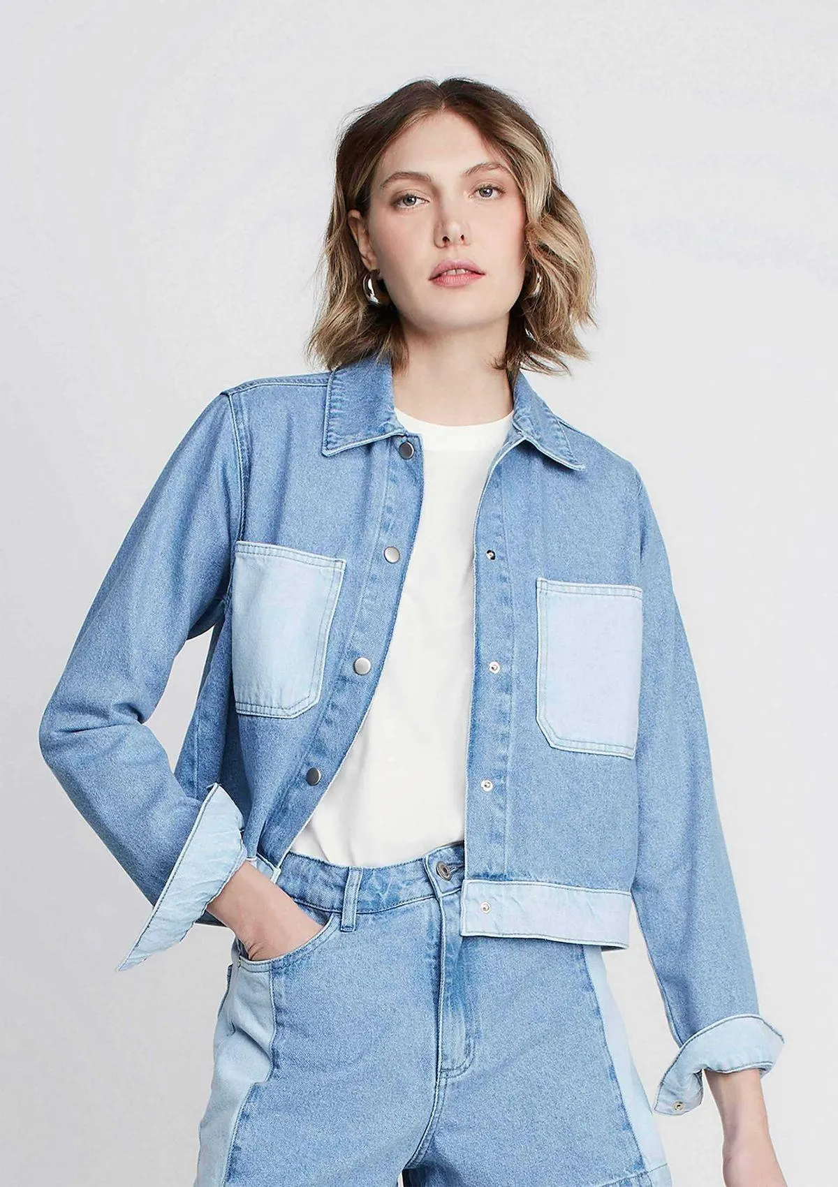 Camisa Jeans Manga Longa Reta Bicolor - Azul