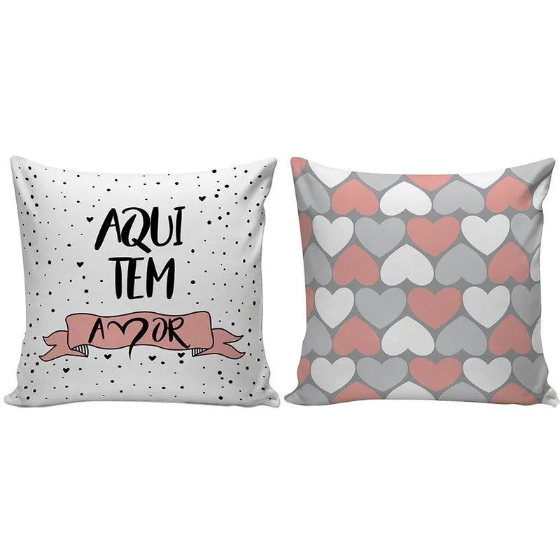 Kit Capa Almofada Com 2 Peças Estampa Aqui Tem Amor E Corações 40x40cm - Nsw Decor