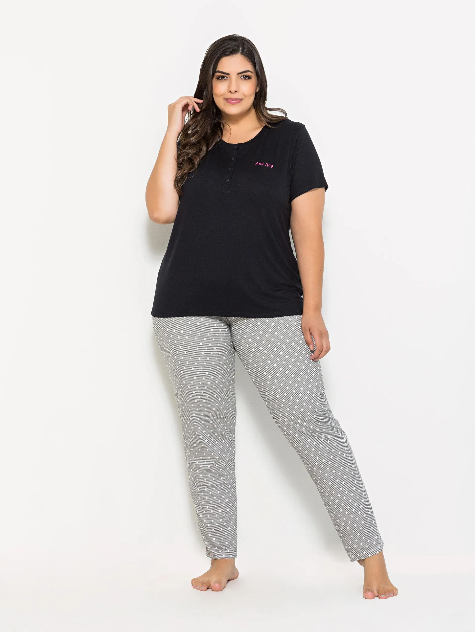 Pijama Longo Manga Curta Plus Size Feminino Black Fake Poa