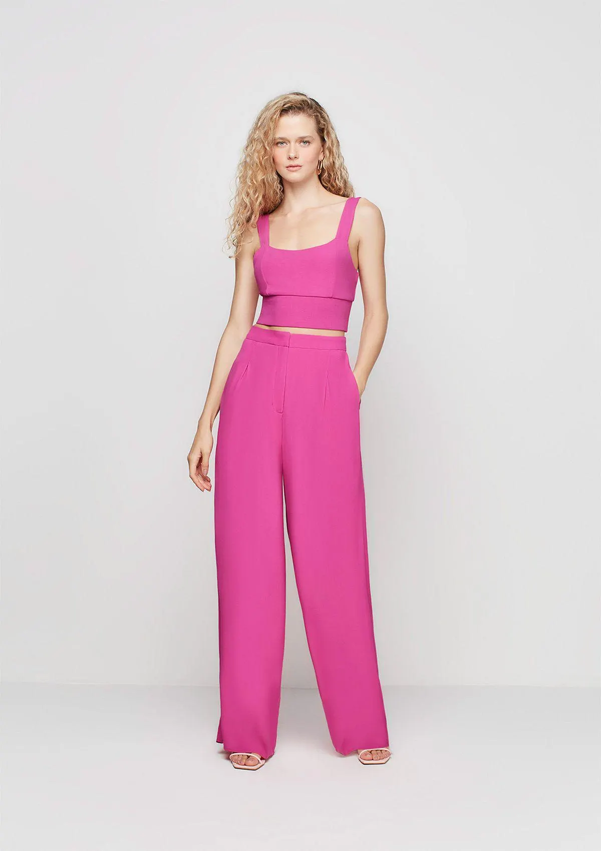 Calça Pantalona Cintura Alta Em Crepe - Rosa