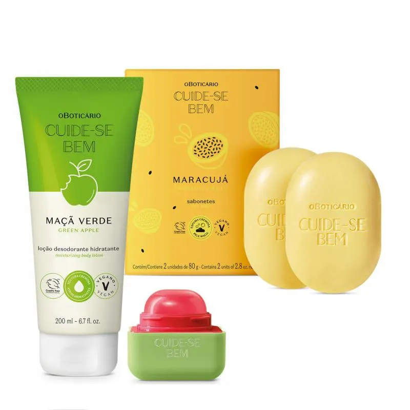 Combo Cuide-se Bem Feira Detox: Sabonetes em Barra Maracujá 2x80g + Loção Corporal Maçã Verde 200ml + Balm Labial Melancia 6,2g