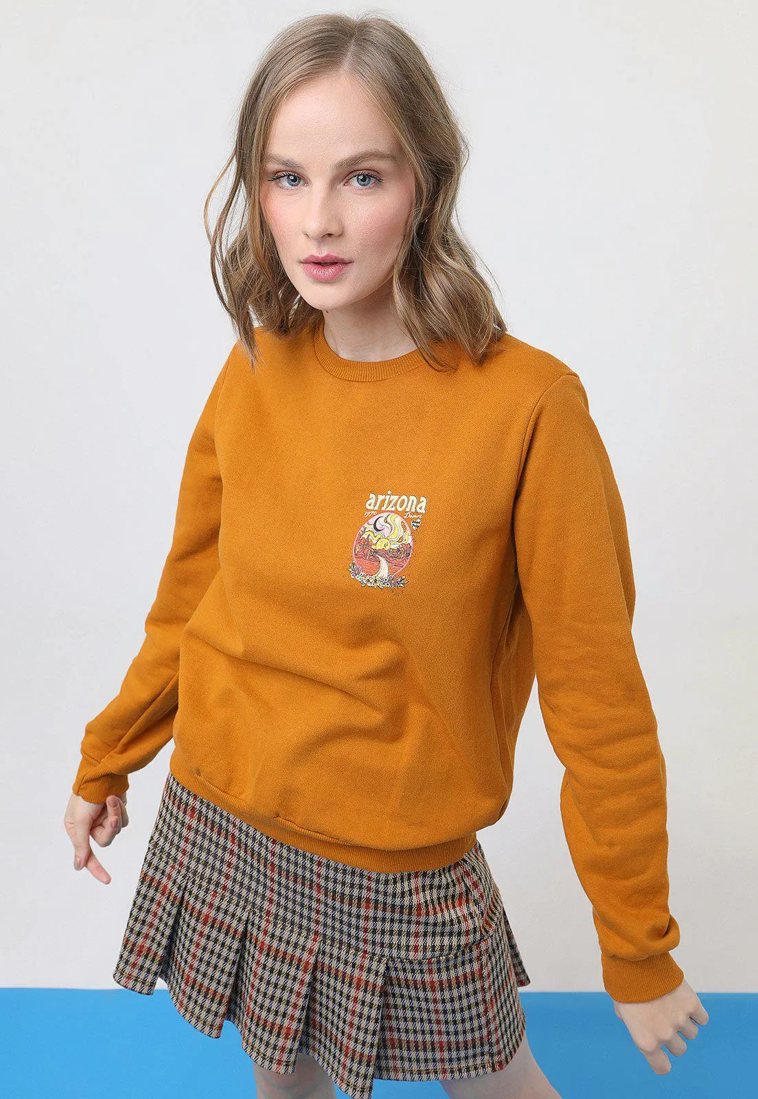 Blusa de Moletom Flanelada Fechada Forever 21 Arizona Caramelo