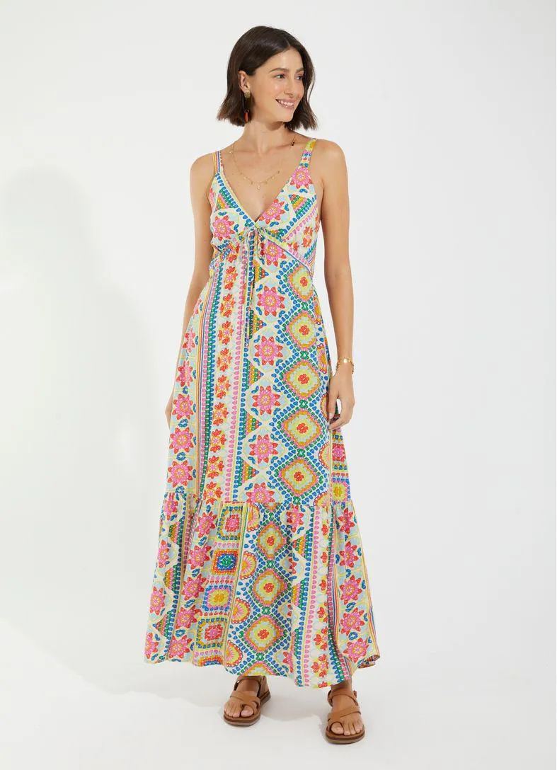 Vestido longo alcinha estampado feito à mão