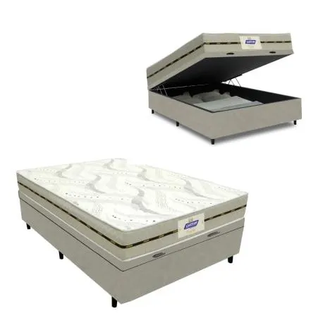 Cama Box Baú Casal Colchão Molas Caribe Gazin 138x188x61cm Branco/Bege - Suporta até 100kg por Pessoa