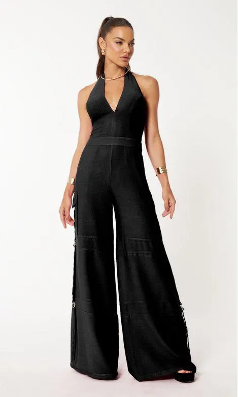 Macacão Utilitário Frente Única Amarração - Preto