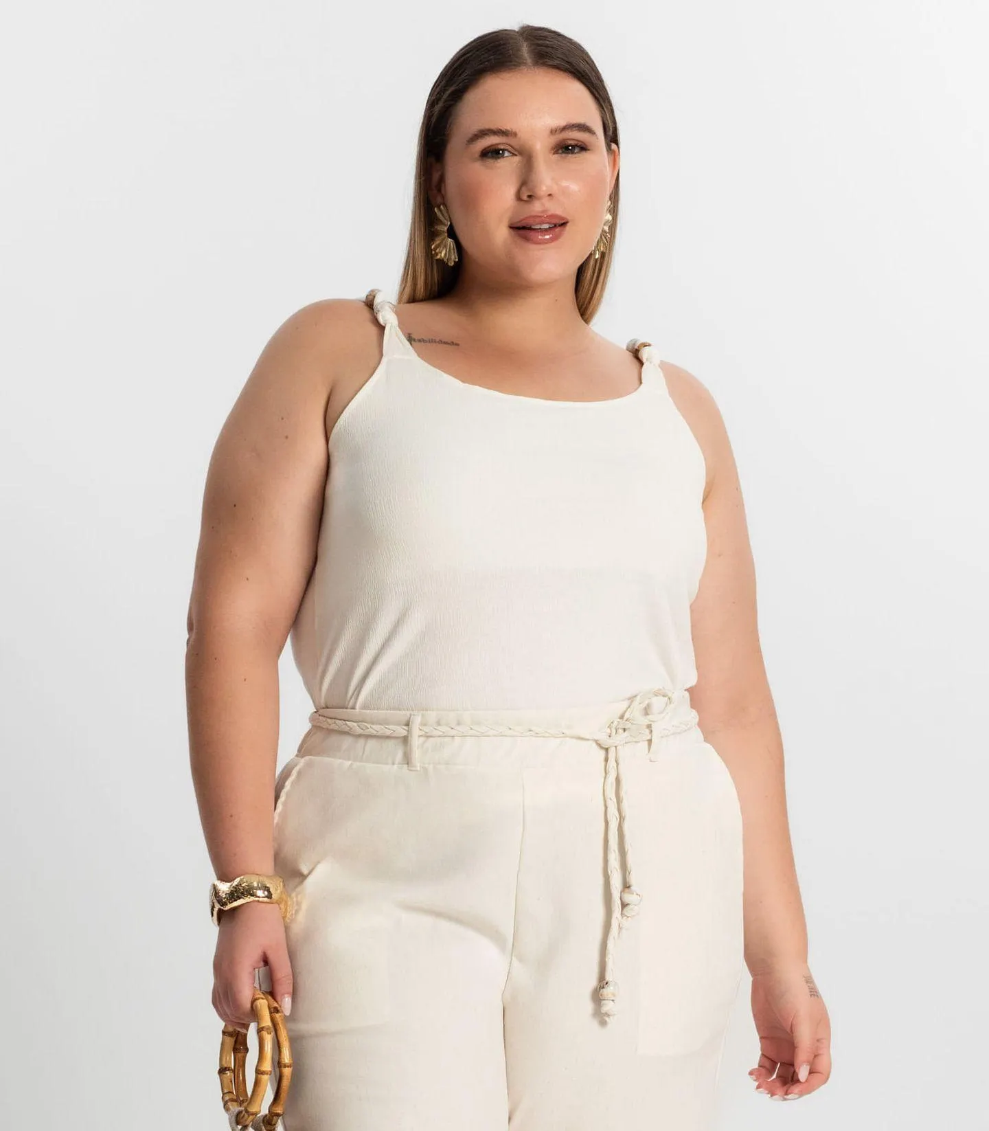 Blusa De Alça Plus Size Secret Glam Bege