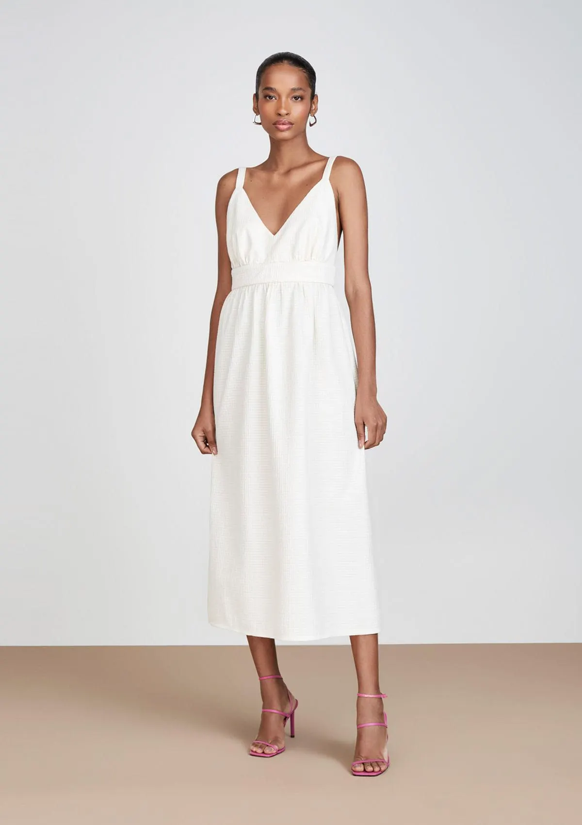 Vestido Midi Decote V Alças Finas - Off White