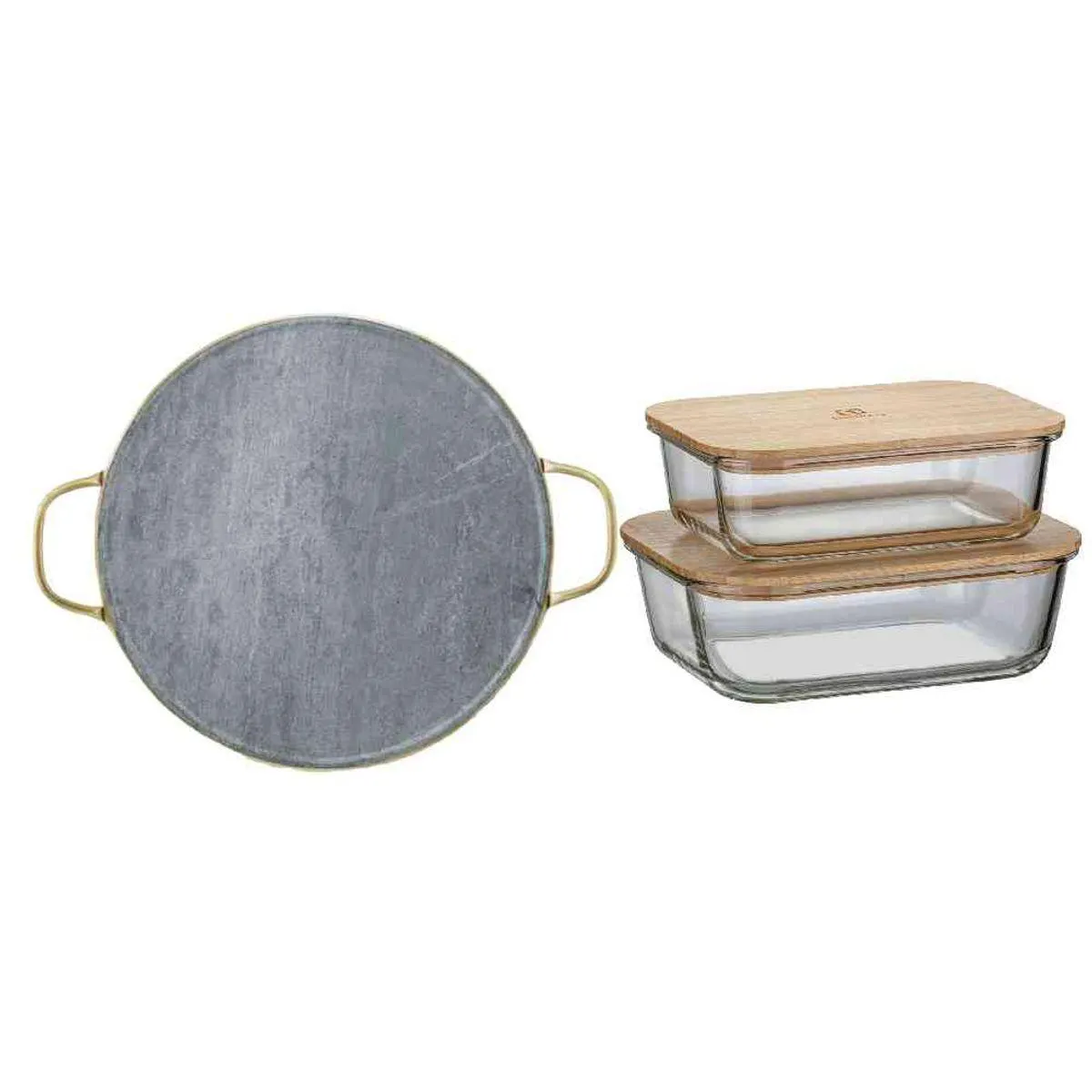 Kit Pedra para Pizza de Pedra Sabão com Alças de Cobre + Potes Herméticos Refratários com Tampa de Bambu Electrolux