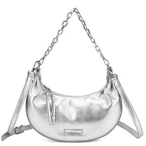 Bolsa tiracolo média meia lua com alça removível metalizada prata
