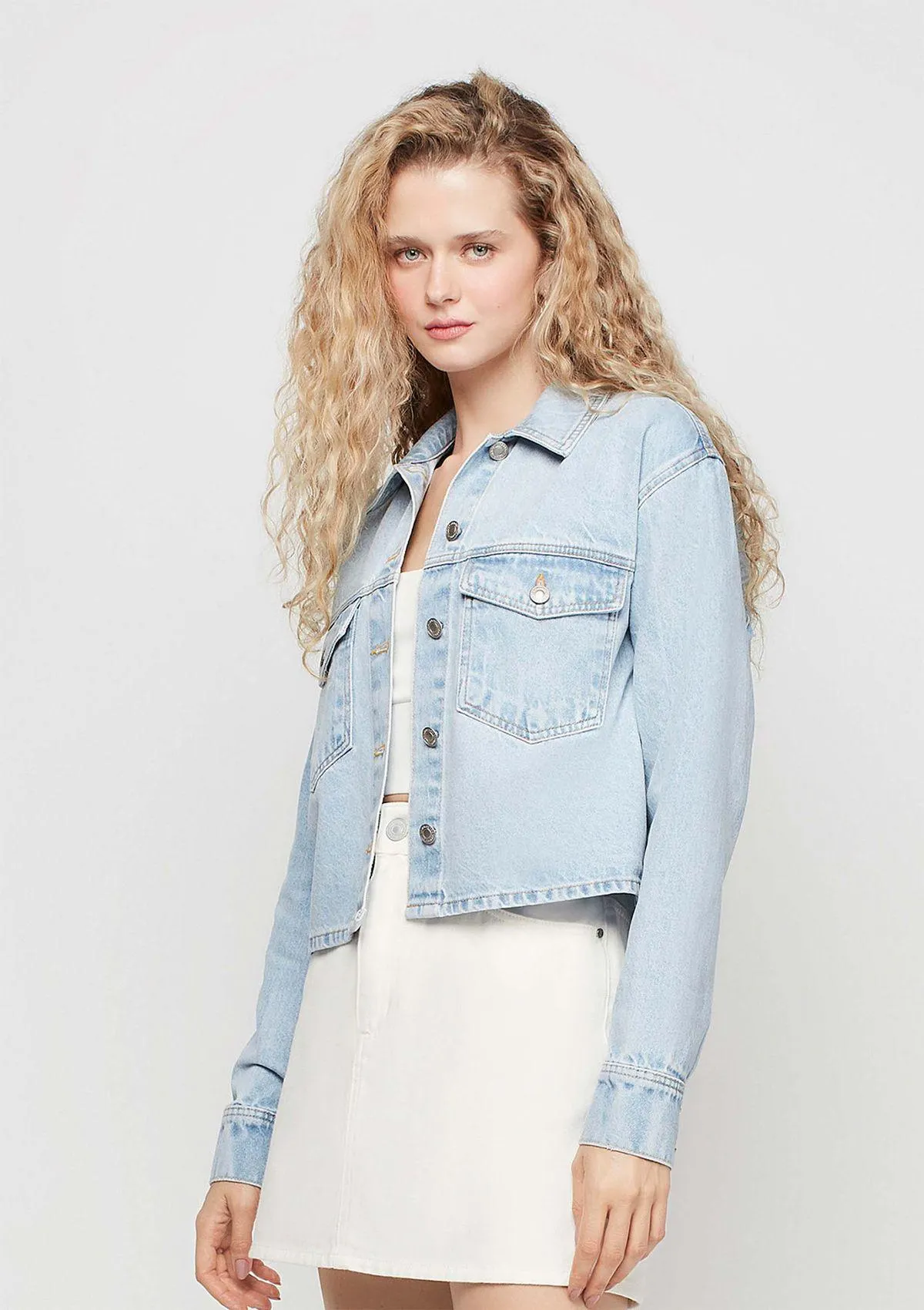 Camisa Jeans Manga Longa Em Algodão - Azul