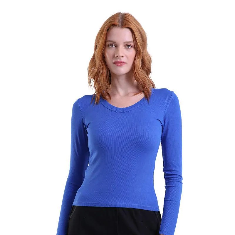 Blusa Manga Longa Decote U Canelada Trendz Azul Bic