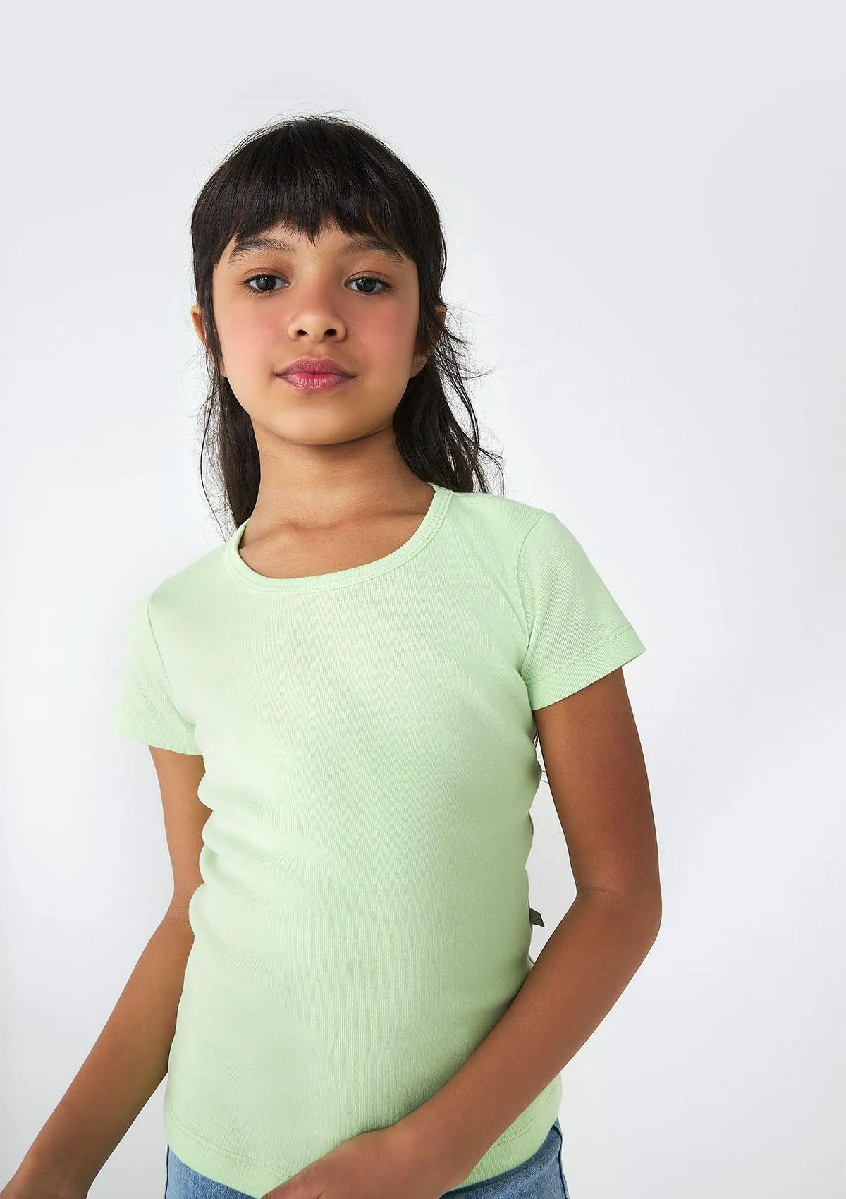 Blusa Básica Infantil Menina Manga Curta Slim Em Ribana Tam 1 A 16 - Verde