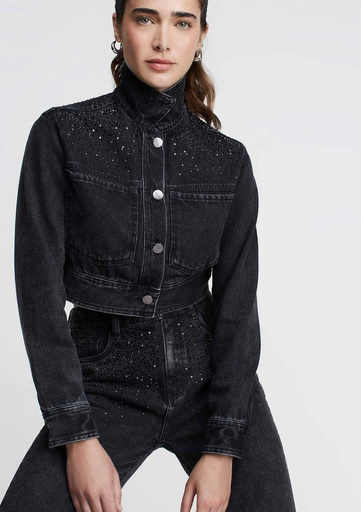 Jaqueta Jeans Cropped Manga Longa Reta - Preto