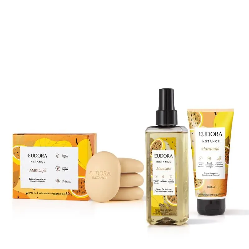 Combo Instance Maracujá: Spray Colônia 200ml + Creme Corporal 180ml + Sabonete em Barra 4x80g