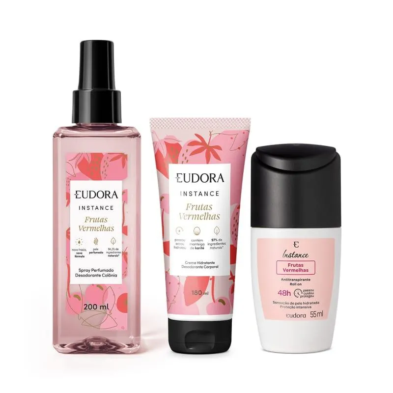 Combo Instance Frutas Vermelhas: Spray Perfumado 200ml + Roll-on 55ml + Hidratante Corporal 180ml