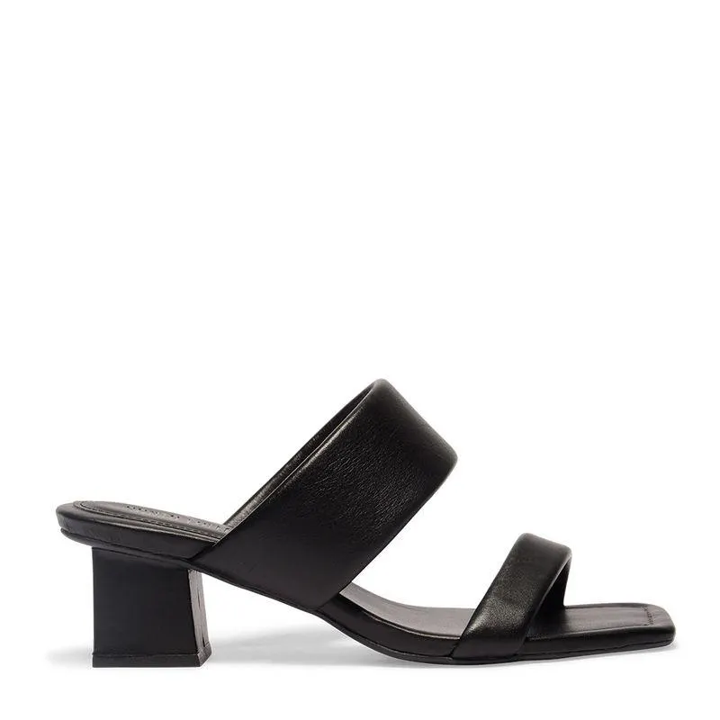 Sandália Mule Preta Couro Salto Bloco Quadrado
