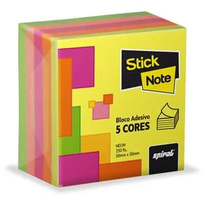 Bloco Adesivo Neon, 5 cores, 250 folhas, 50x50mm, Stick Note - PT 1 UN