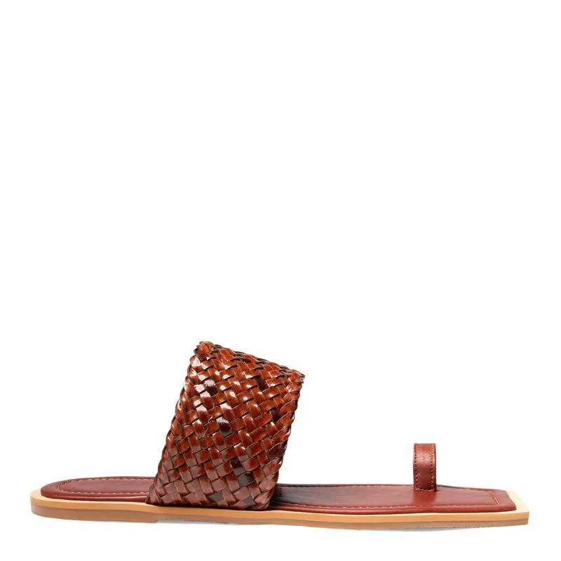 Rasteira Marrom Escuro Couro Bico Quadrado