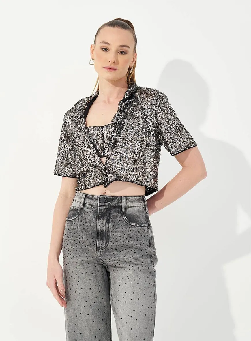 Blazer Cropped Paetê Prata