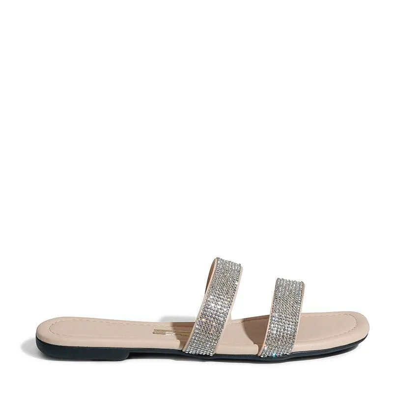 Rasteira Bege com Tiras Grossas e Strass