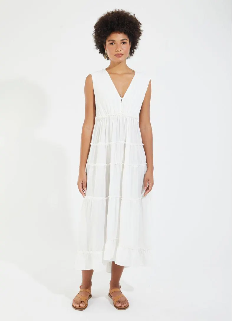 Vestido recortes franzido crepe off white