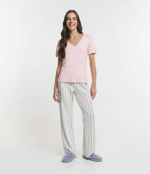 Pijama Longo em Viscolycra com Estampa Listras Rosa/ Branco