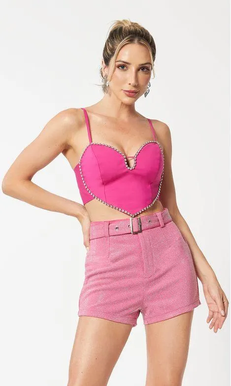 Cropped Coração Bordado Strass - Rose Violet