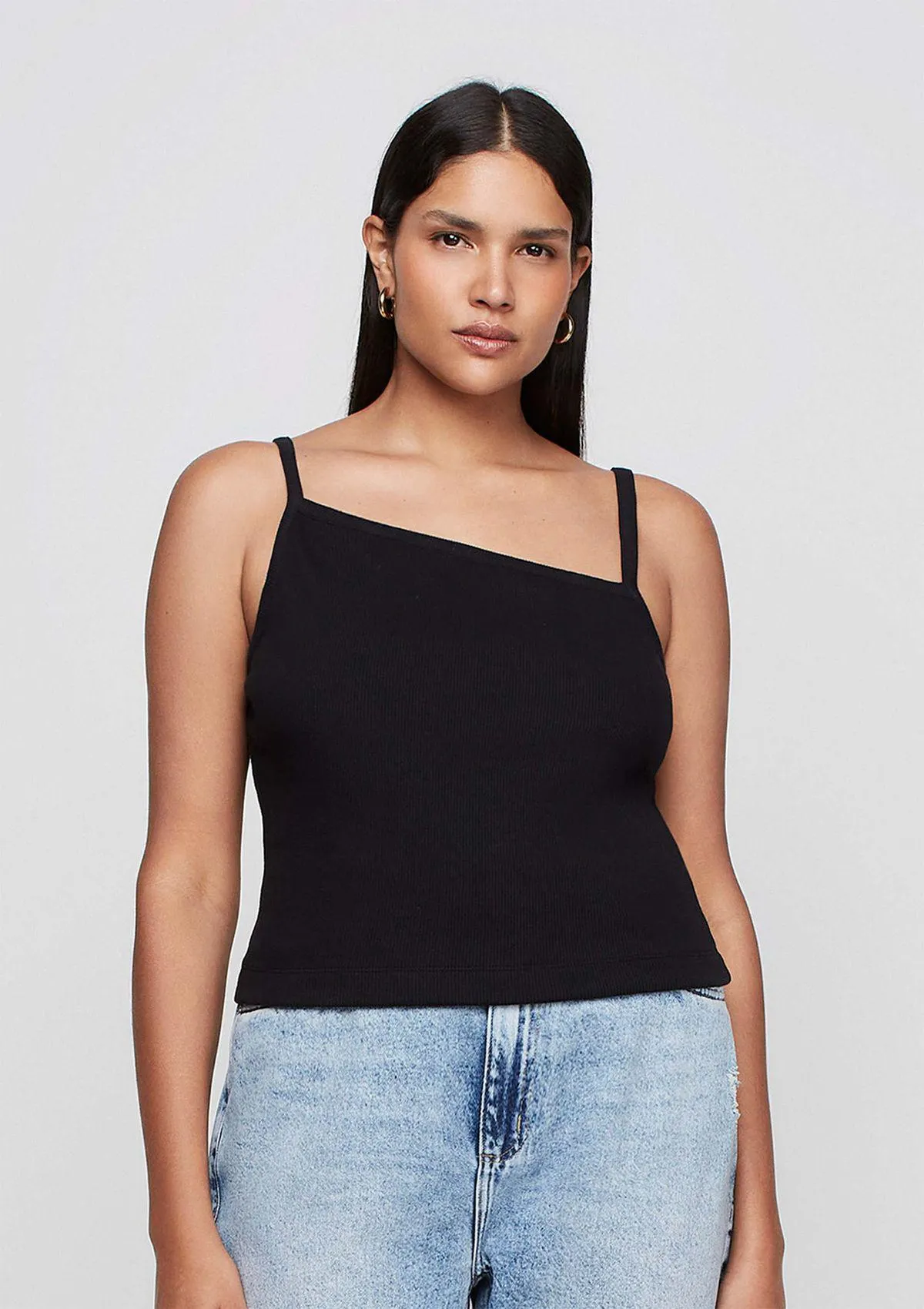 Regata Assimétrica Alças Finas Em Ribana - Preto