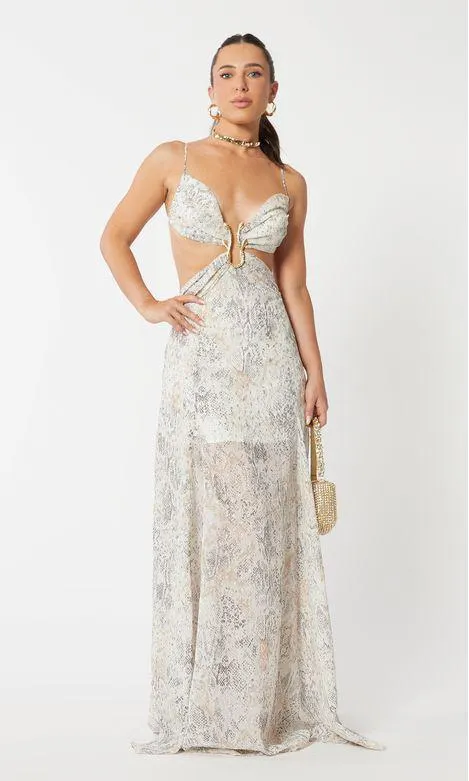 Vestido Longo Transparência Detalhe Metal Estampa Cobra - Est Cobra