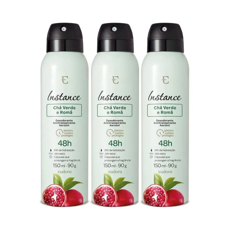 Combo Instance Chá Verde e Romã: Desodorante Antitranspirante Aerossol 3x150ml/90g
