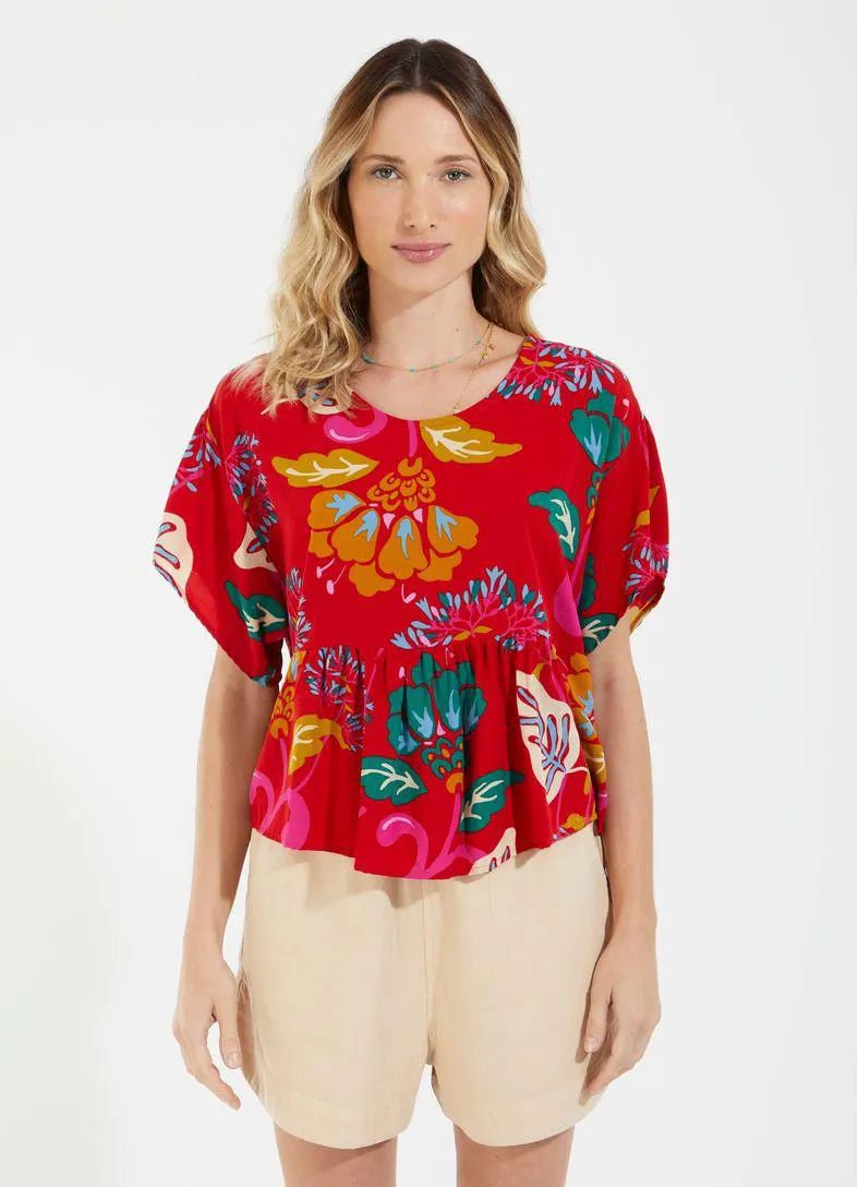 Blusa manga curta estampada prosa vermelho