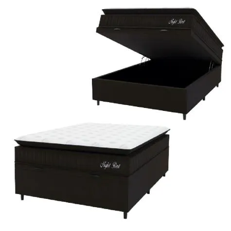 Cama Box Baú Casal Colchão Pillow Top Espuma Night Rest 138x188x70cm Preto Veludo / Branco Hellen - Suporta até 120kg por Pessoa