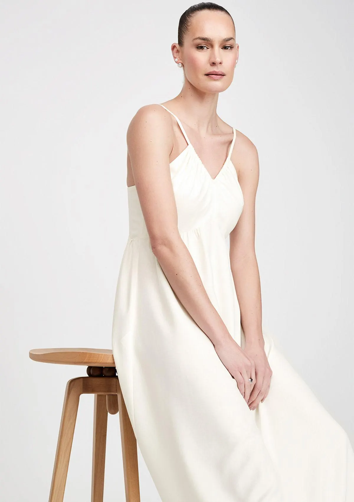 Vestido Midi Alças Finas Em Crepe De Viscose - Off White