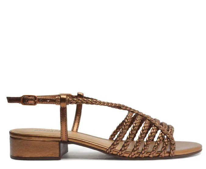 Sandália Bronze Tiras De Trança Salto Bloco