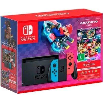 Console Nintendo Switch V2 com 1 Controle Joy-Con vermelho e Azul + Mario Kart 8 (download completo) + 3 Meses Assinatura, HDBSKABSA
